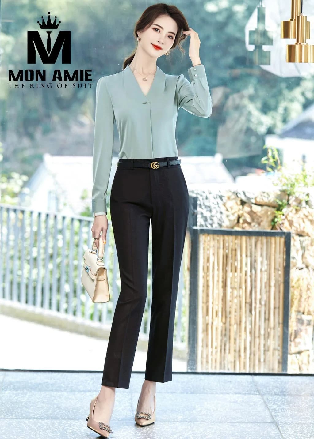 Sơ Mi Nữ Xanh Sage Cổ V Sâu Tay Dài Dáng Suông