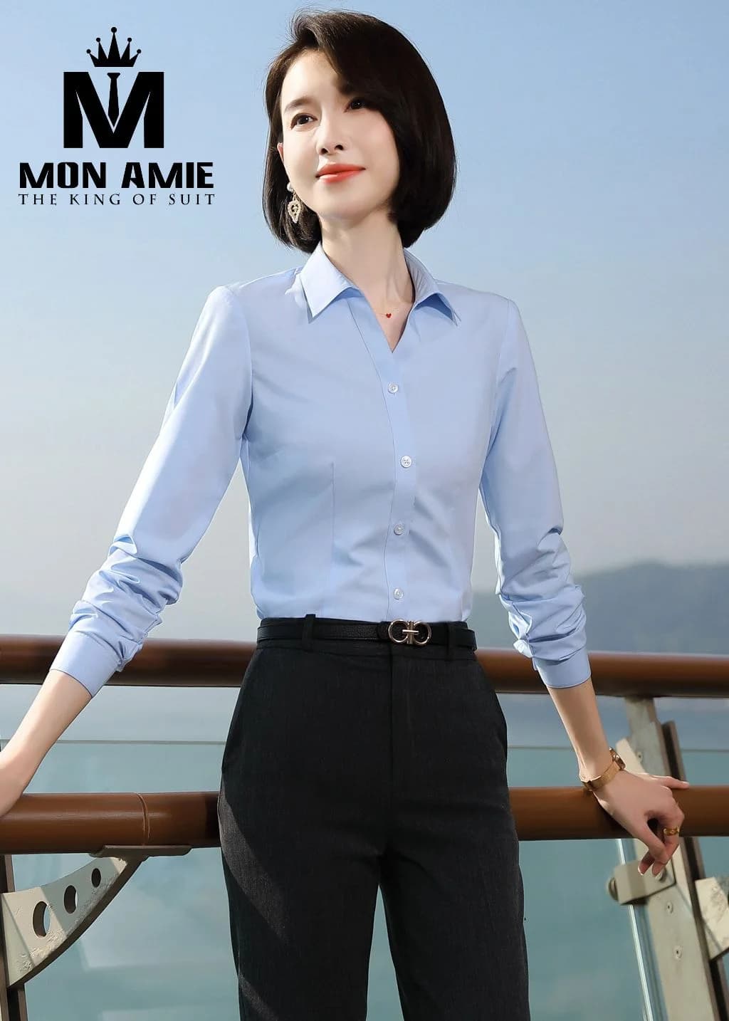 Sơ Mi Nữ Xanh Da Trời Nhạt Cổ V Ôm Dáng