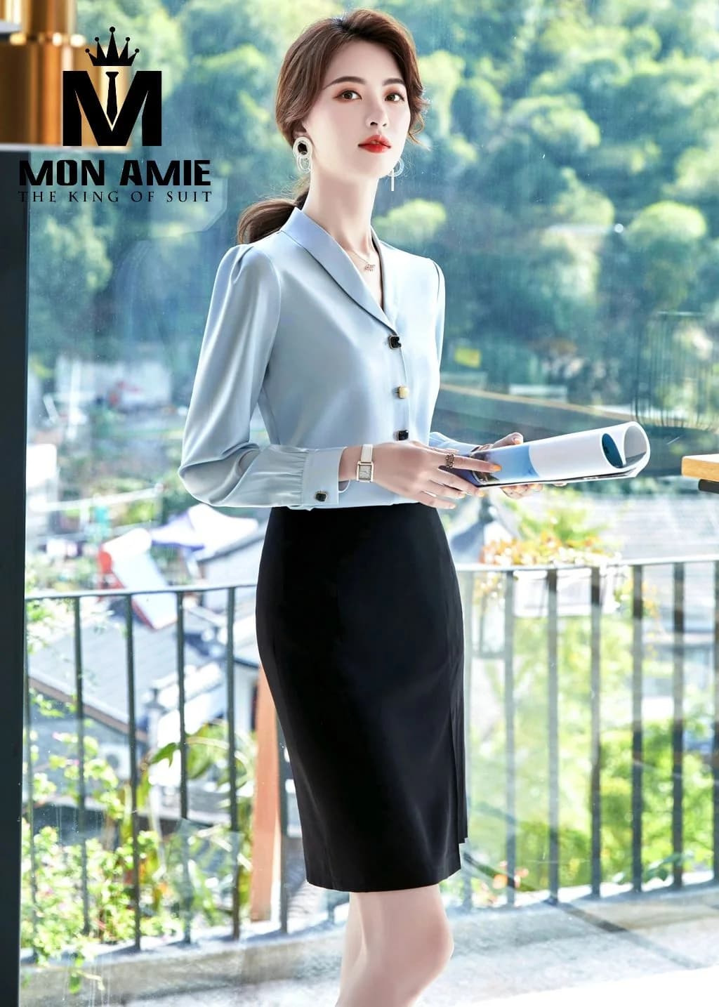 Sơ Mi Nữ Xanh Pastel Ve Khăn Cúc Vàng Đồng