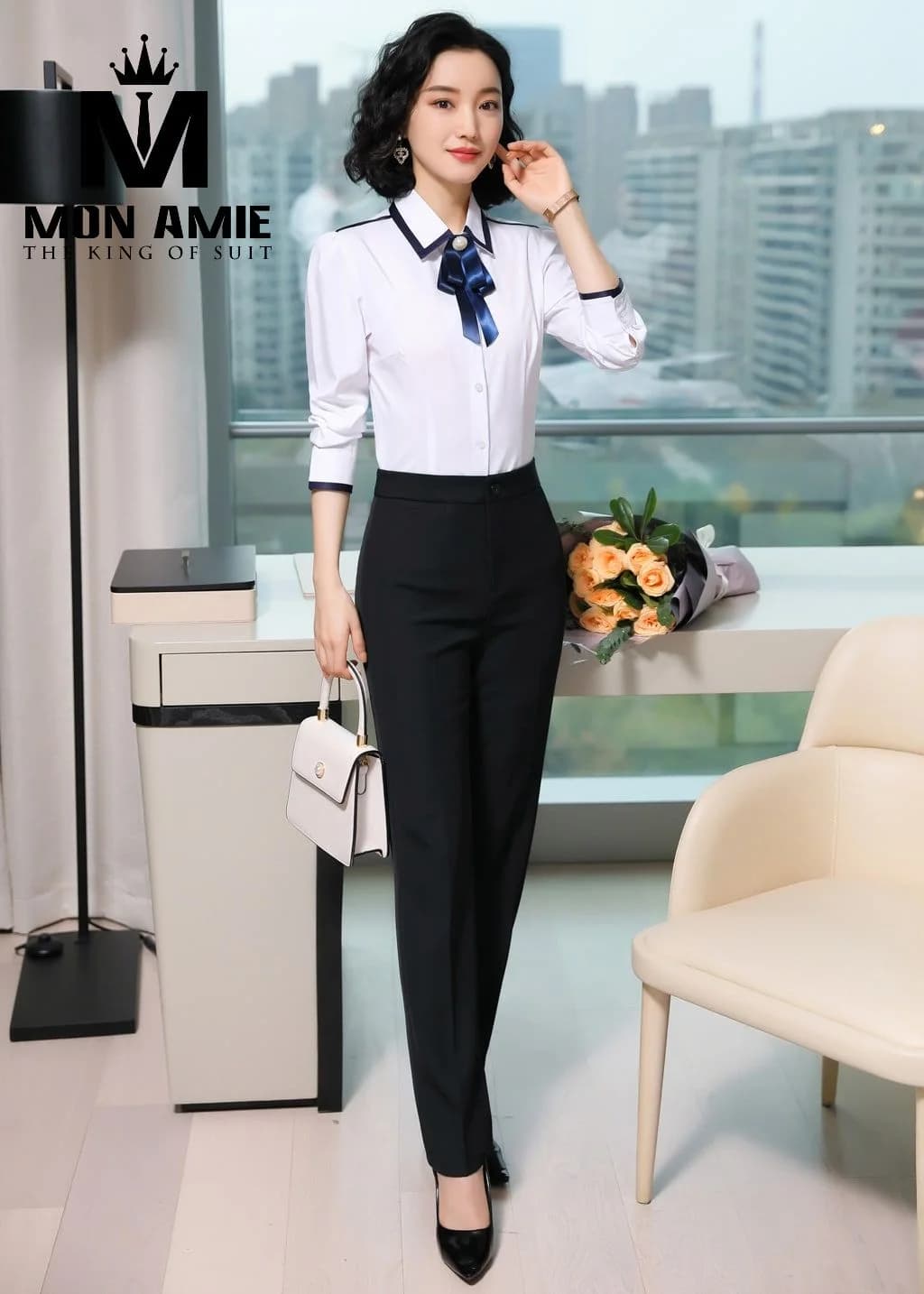 Sơ Mi Nữ Trắng Viền Navy Cổ Nơ Ngọc Trai