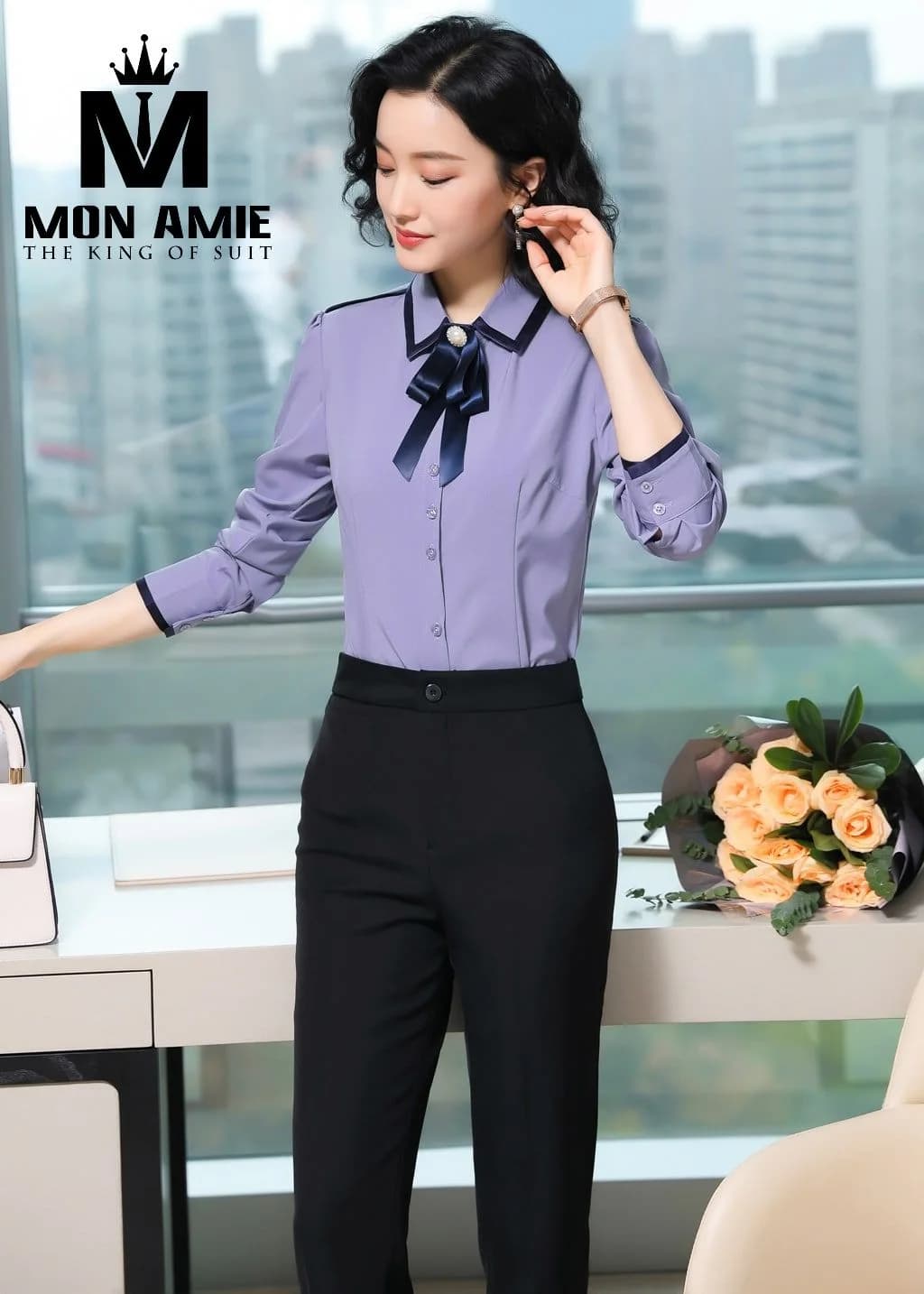 Sơ Mi Nữ Tím Lavender Viền Navy Cổ Nơ Ngọc Trai