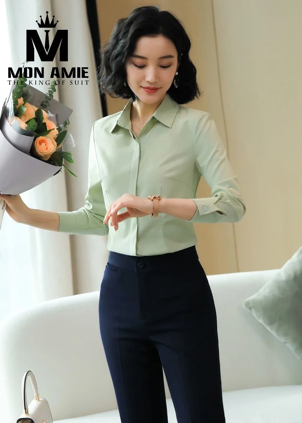 Sơ Mi Nữ Xanh Pistachio Nẹp Ẩn Phối Quần Navy