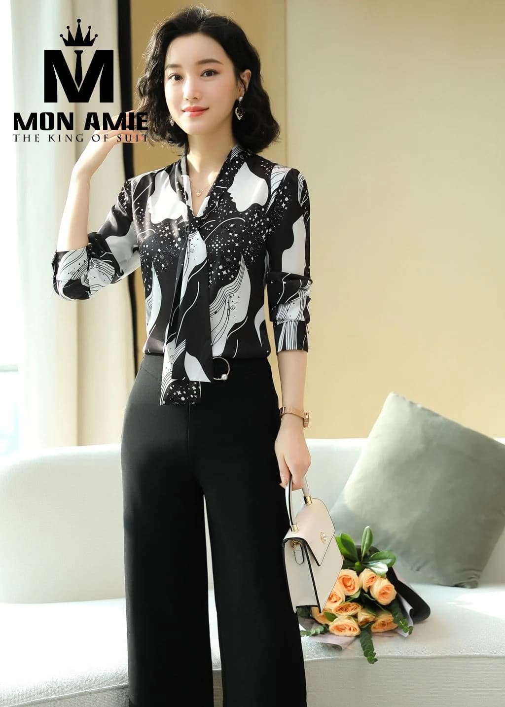 Áo Kiểu Nữ Đen Trắng Họa Tiết Trừu Tượng Cổ Thắt Nơ