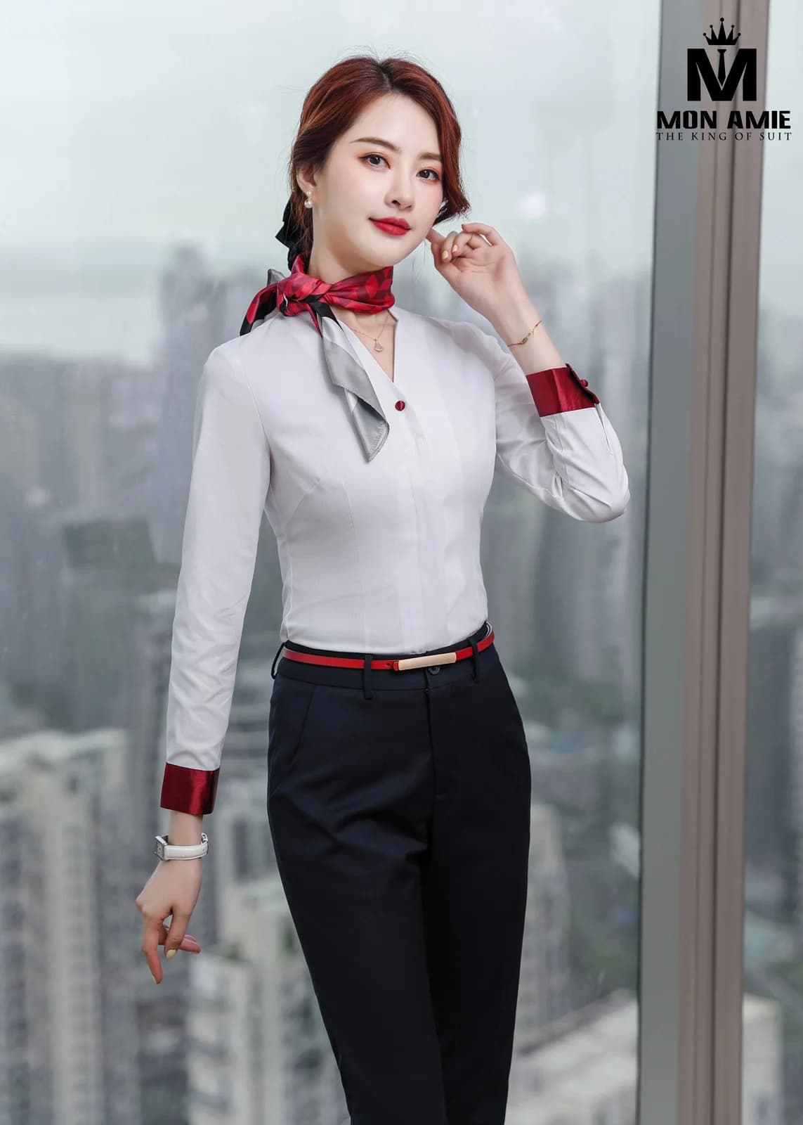 Sơ Mi Nữ Trắng Cổ V Phối Măng Sét Đỏ Đô