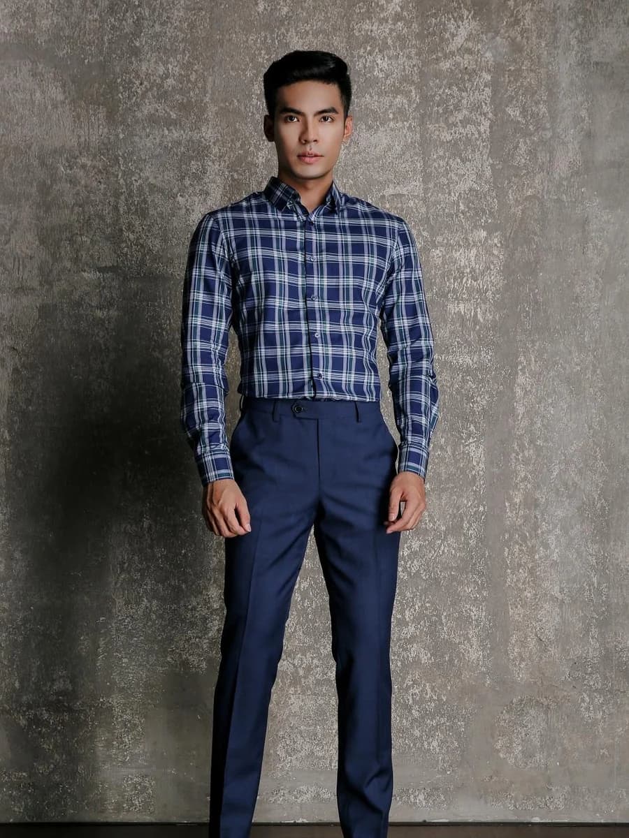 Sơ Mi Caro Navy Cổ Cài