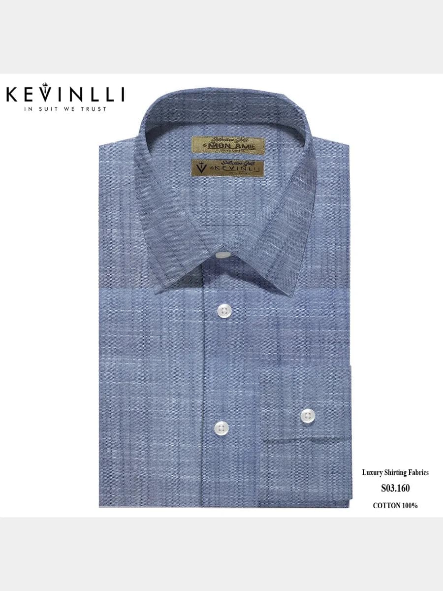 Sơ Mi Xanh Chambray Trơn Vân Slub Măng Sét Vuông