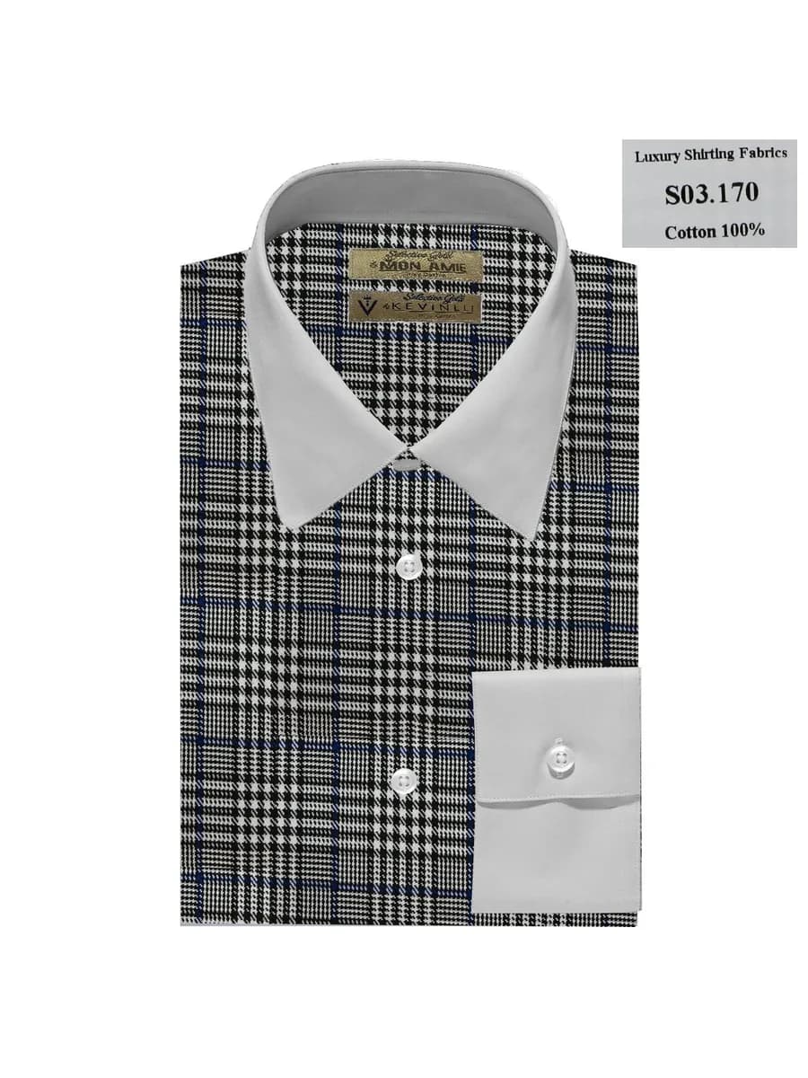 Sơ Mi Glen Check Đen Trắng Kẻ Navy Cổ Măng Sét Trắng