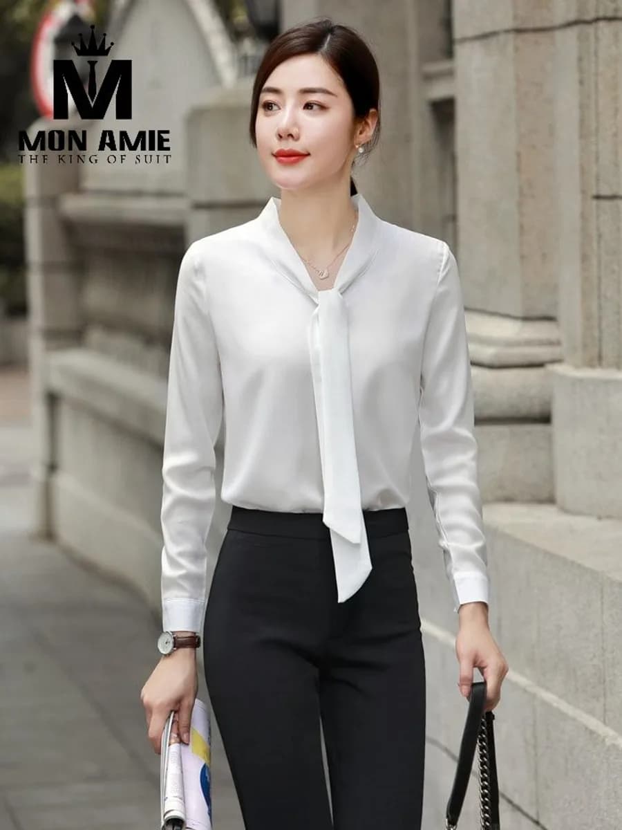 Sơ Mi Nữ Trắng Cổ V Dải Nơ Dài Buông