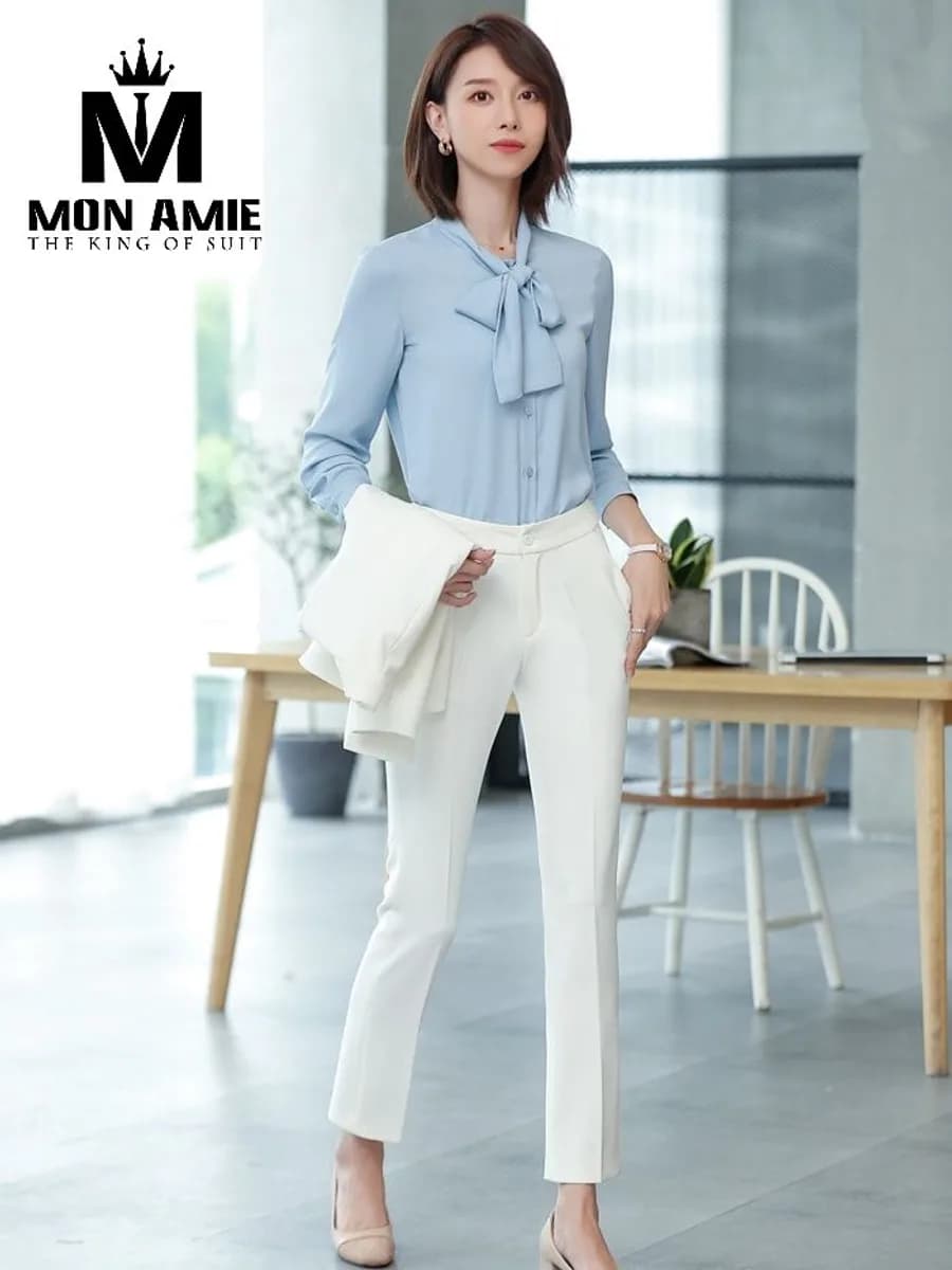 Sơ Mi Nữ Xanh Khói Cổ Nơ Cài Khuy Bọc