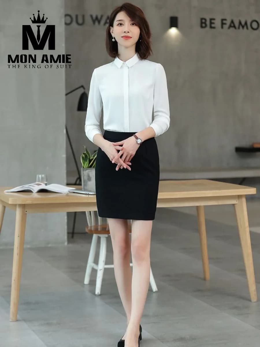 Sơ Mi Nữ Trắng Cổ Bẻ Nhỏ Tay Lửng Phối Váy Đen