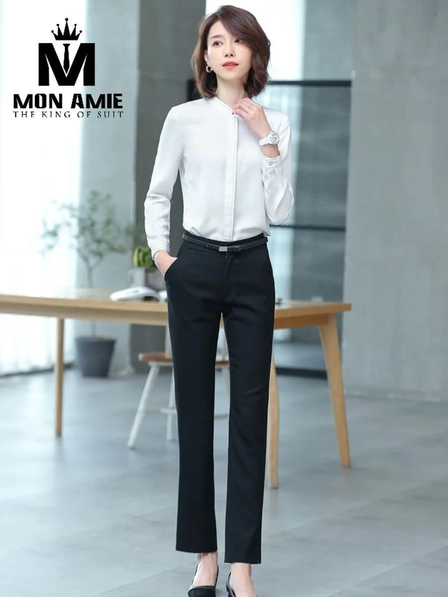 Sơ Mi Nữ Trắng Cổ Trụ Vải Rũ Bóng Nhẹ