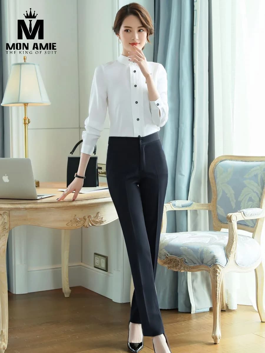 Sơ Mi Nữ Trắng Ngực Xếp Ly Cúc Đen