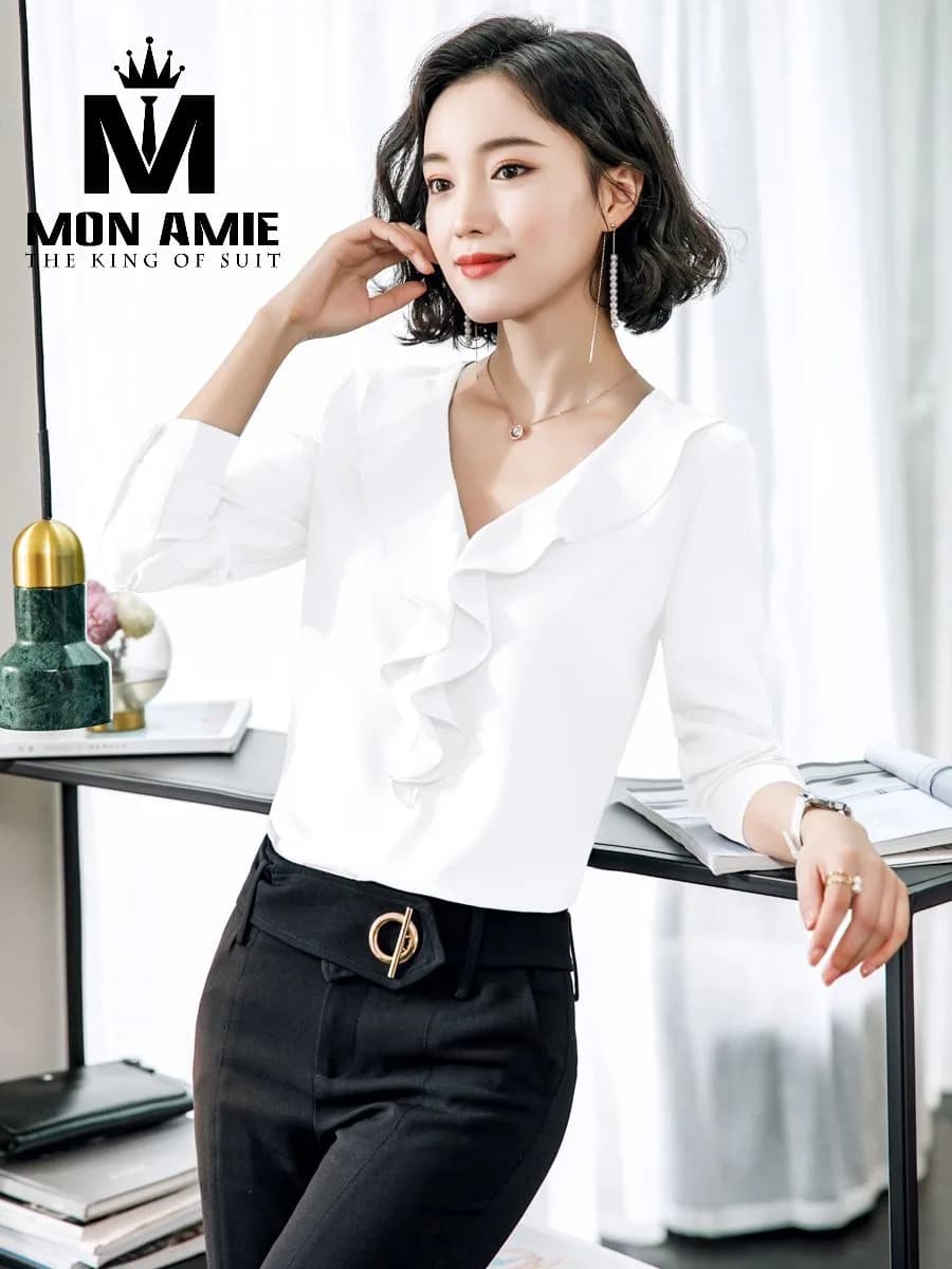 Sơ Mi Nữ Trắng Cổ V Bèo Nhún Bản Lớn