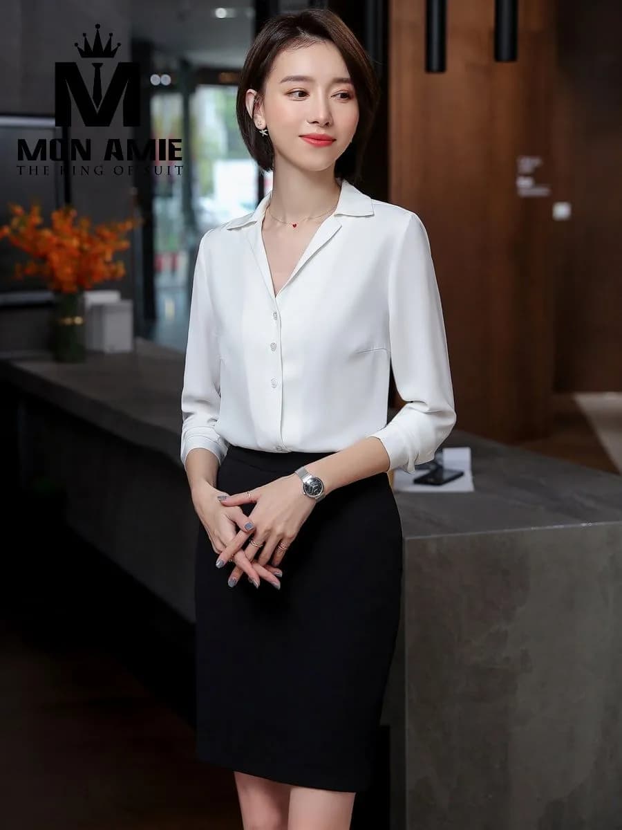 Sơ Mi Nữ Trắng Cổ Bẻ Chữ V Túi Ngực Chìm