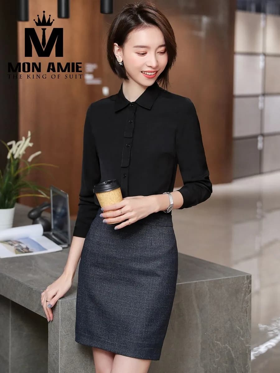 Sơ Mi Nữ Đen Cổ Bẻ Nẹp Ngực Viền Nổi