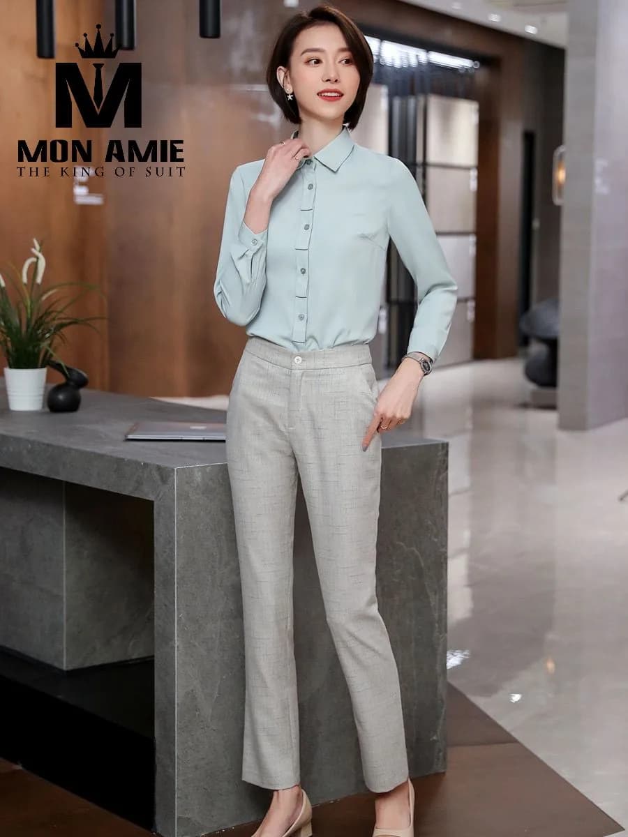 Sơ Mi Nữ Xanh Mint Nhạt Nẹp Bèo Xếp