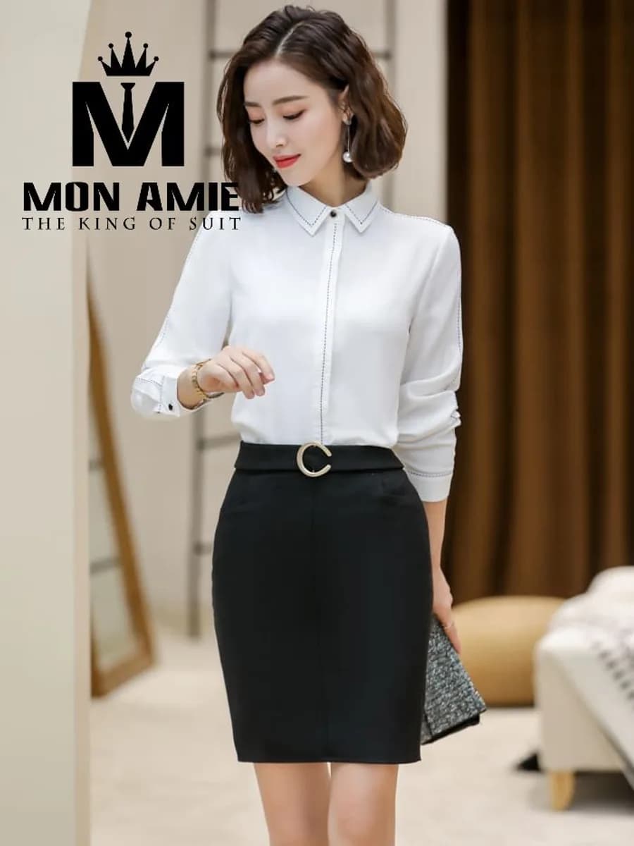 Sơ Mi Nữ Trắng Đường Chỉ Nổi Đen Cổ Đức