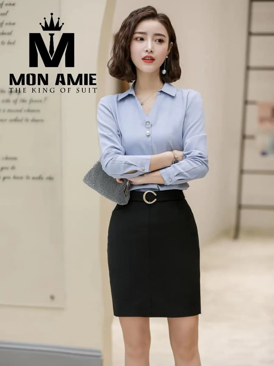 Sơ Mi Nữ Xanh Xám Nhạt Cổ V Đính Ngọc Trai