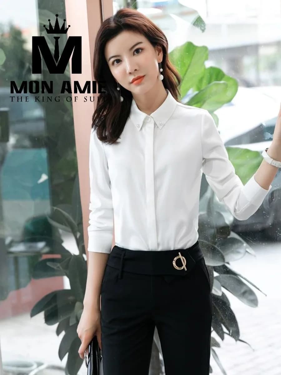 Sơ Mi Nữ Trắng Giấu Nút Cổ Đính Đá