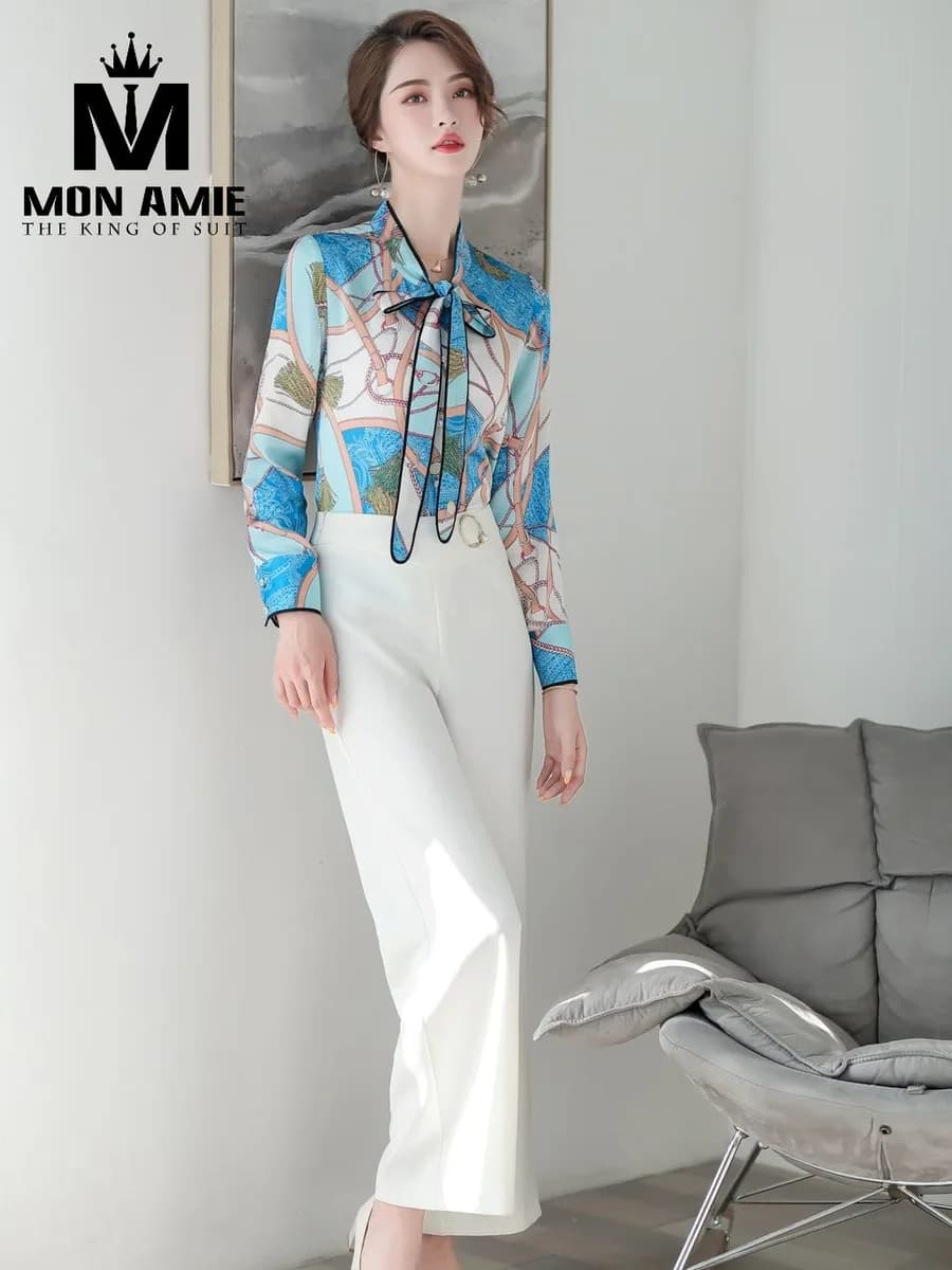 Sơ Mi Nữ Họa Tiết Dây Xích Xanh Ngọc Cổ Nơ Viền Đen