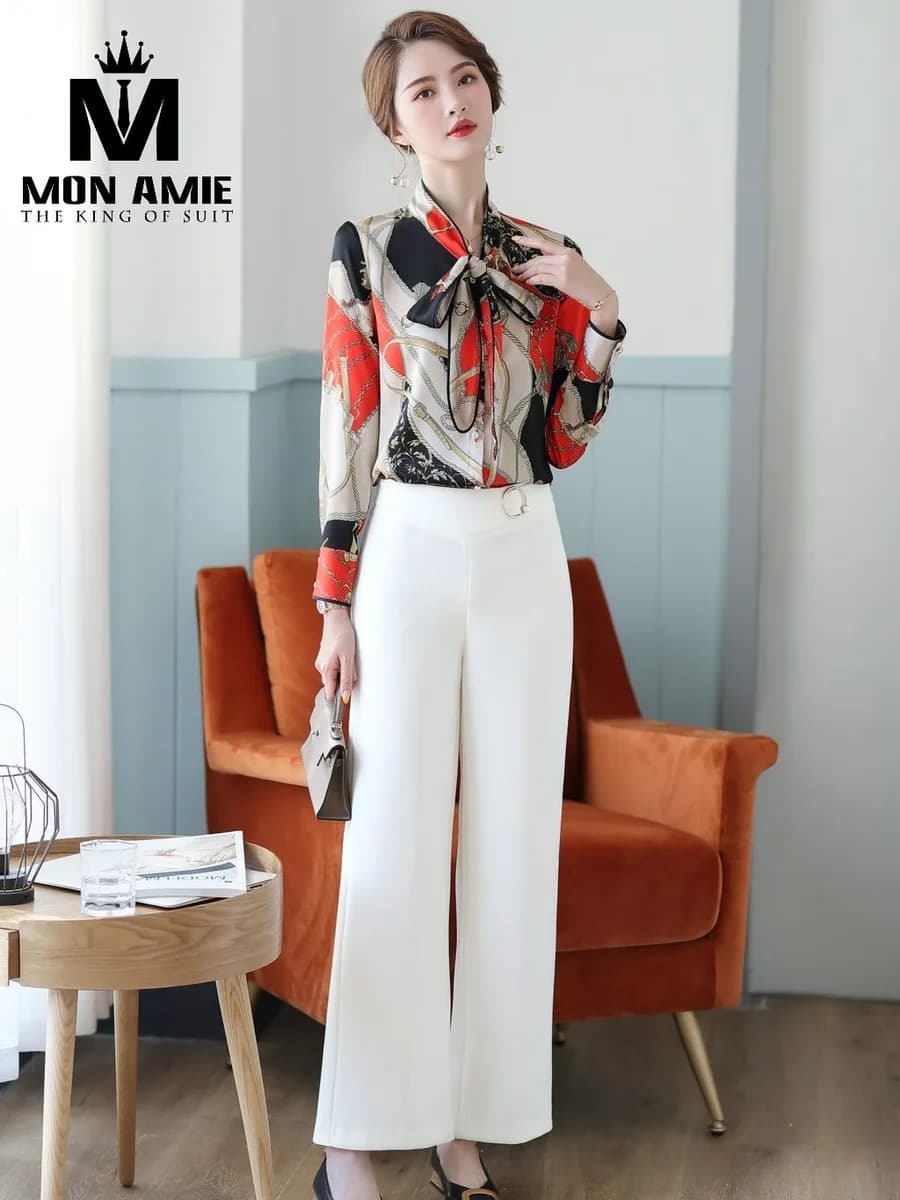 Sơ Mi Nữ Họa Tiết Dây Xích Đỏ Đen Kem Cổ Nơ