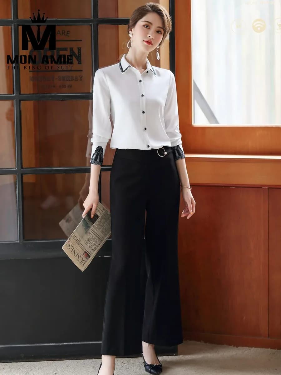 Sơ Mi Nữ Trắng Cổ Viền Đen Tay Ren Đen