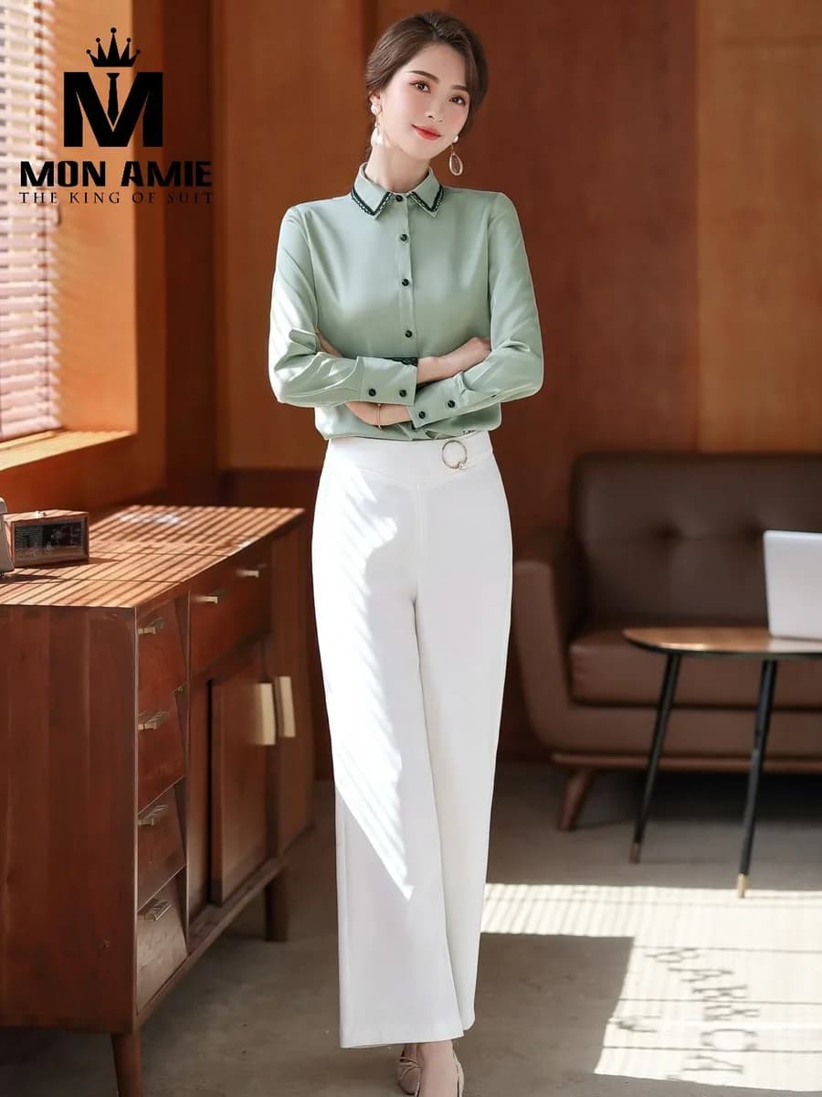 Sơ Mi Nữ Xanh Sage Cổ Viền Đen Nút Đen