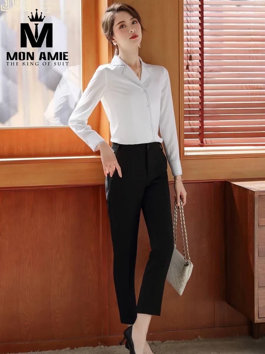 Sơ Mi Nữ Trắng Cổ Vest Viền Xám Tay Dài
