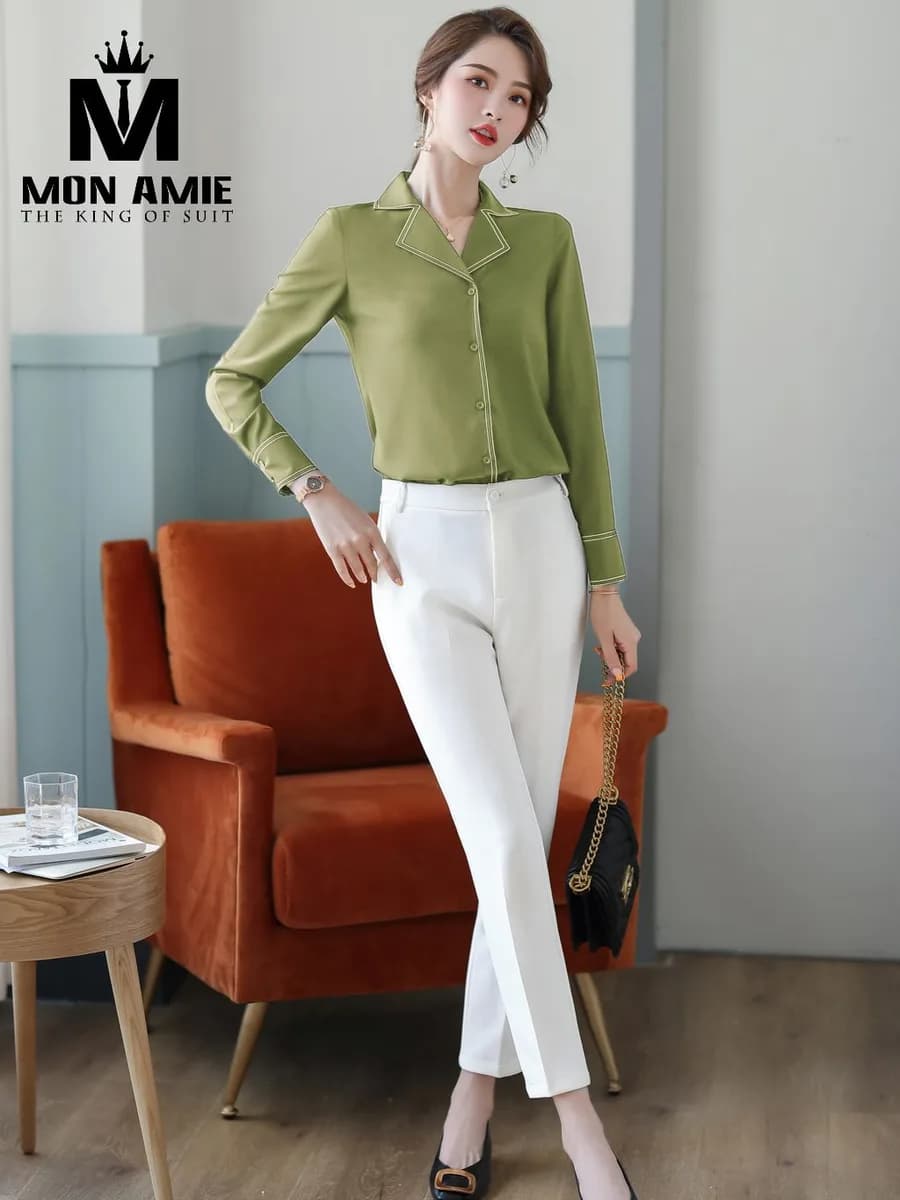 Sơ Mi Nữ Xanh Rêu Cổ Vest Viền Kem Tay Dài