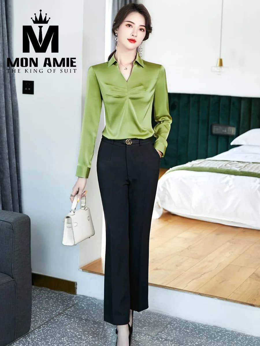 Sơ Mi Nữ Xanh Lá Mạ Cổ V Xếp Ly Ngực Ánh Satin