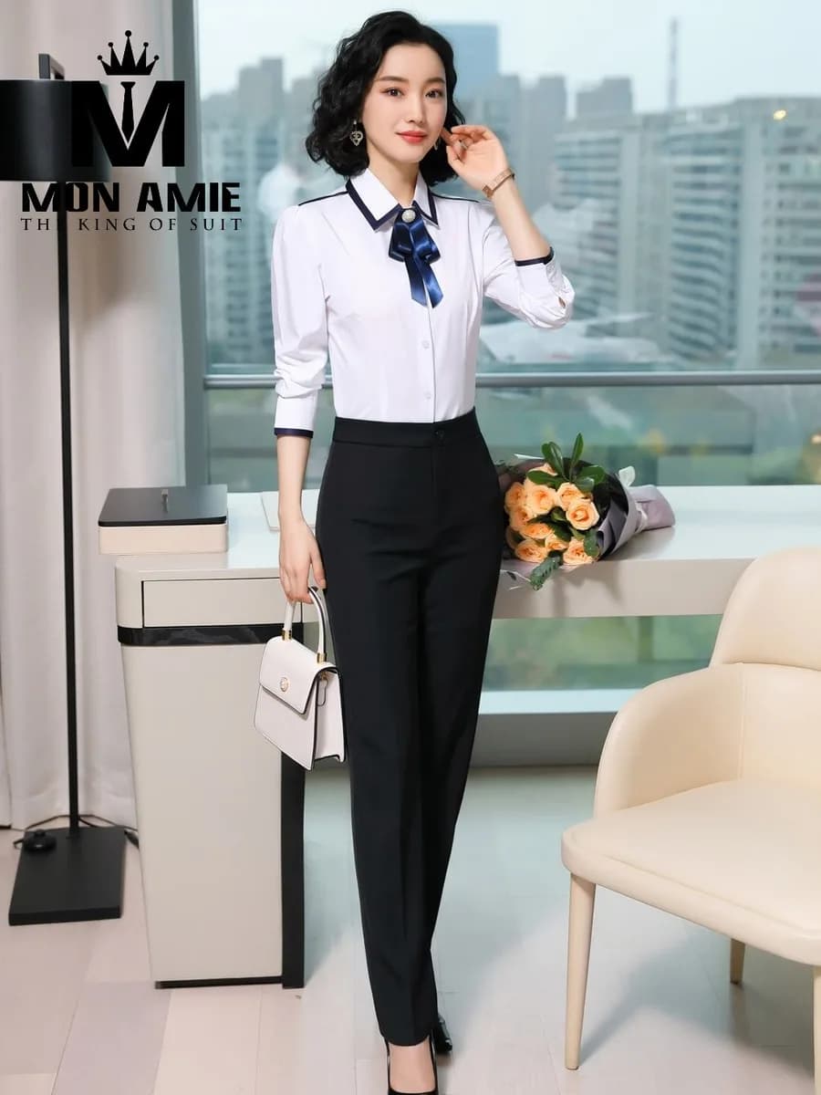 Sơ Mi Nữ Trắng Viền Navy Cổ Nơ Ngọc Trai