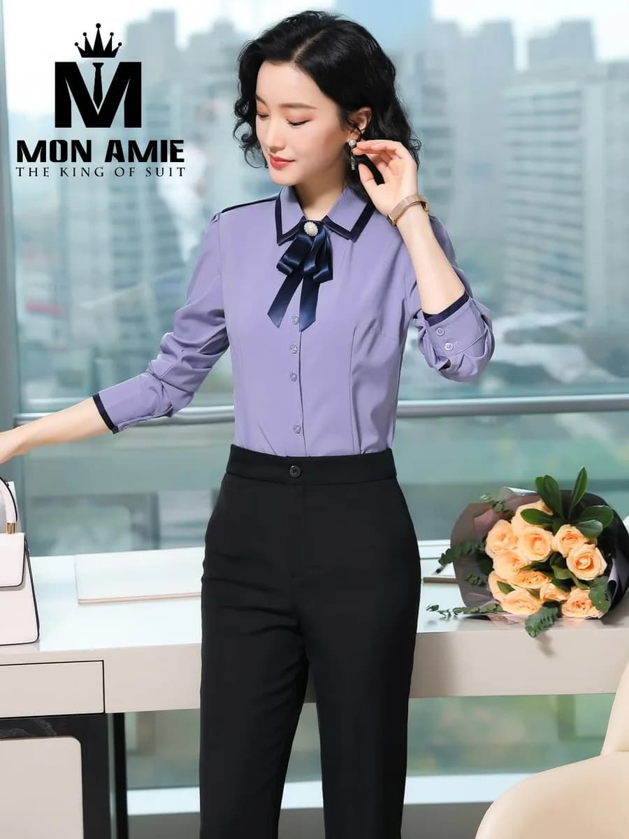 Sơ Mi Nữ Tím Lavender Viền Navy Cổ Nơ Ngọc Trai