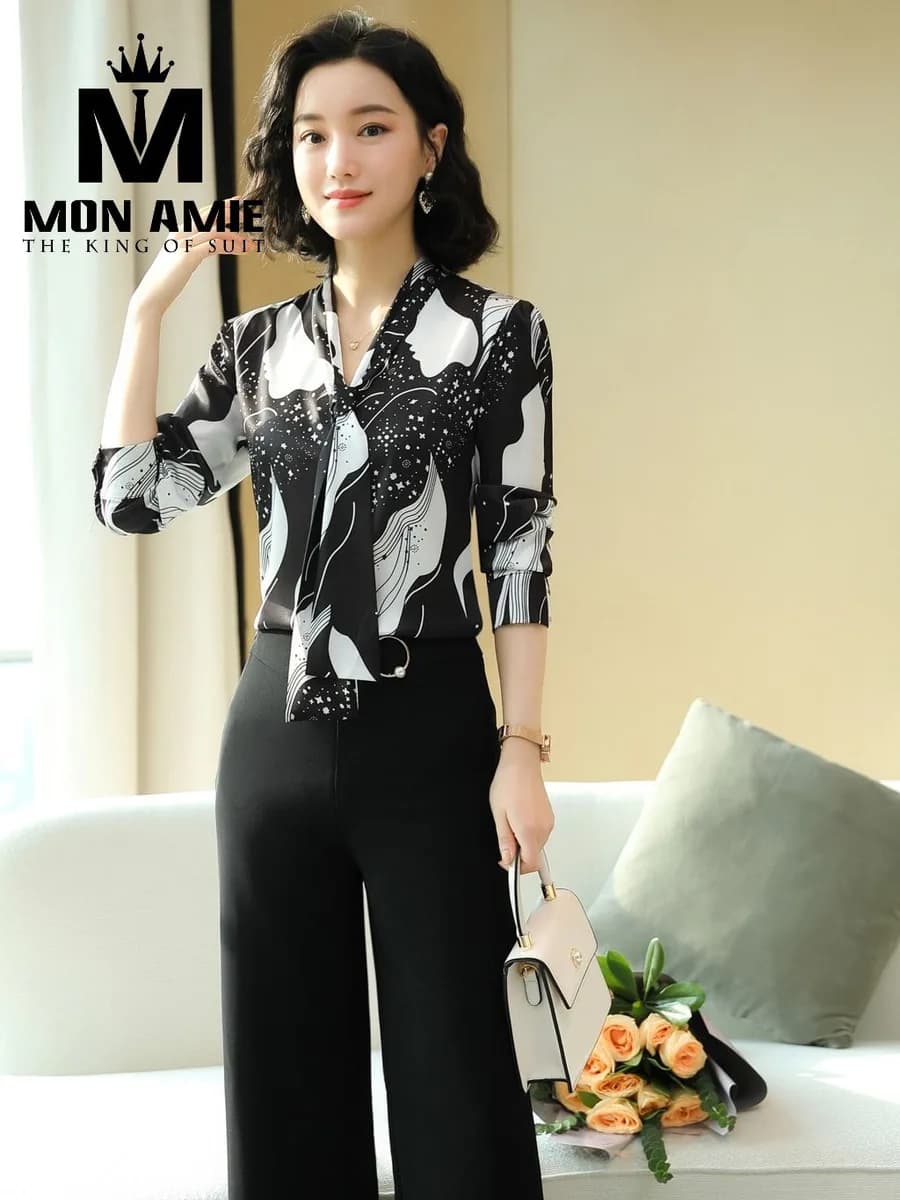 Áo Kiểu Nữ Đen Trắng Họa Tiết Trừu Tượng Cổ Thắt Nơ