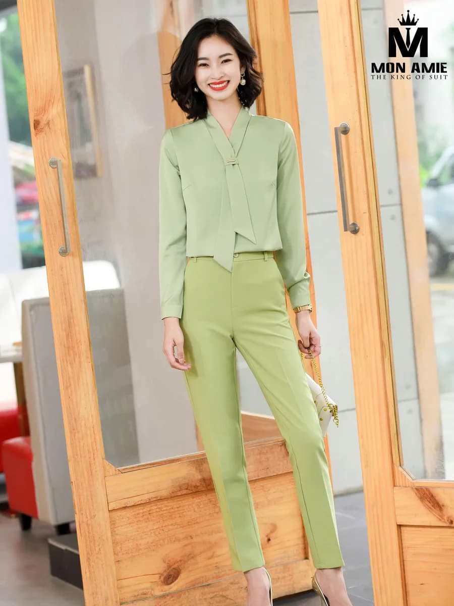 Sơ Mi Nữ Xanh Cốm Cổ Nơ Dáng Rủ