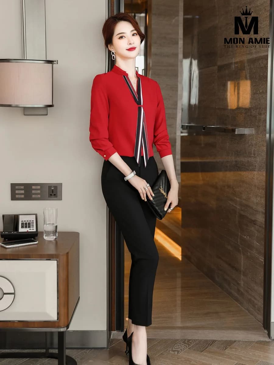 Sơ Mi Nữ Đỏ Cổ Trụ Nơ Sọc Đen Trắng Đỏ