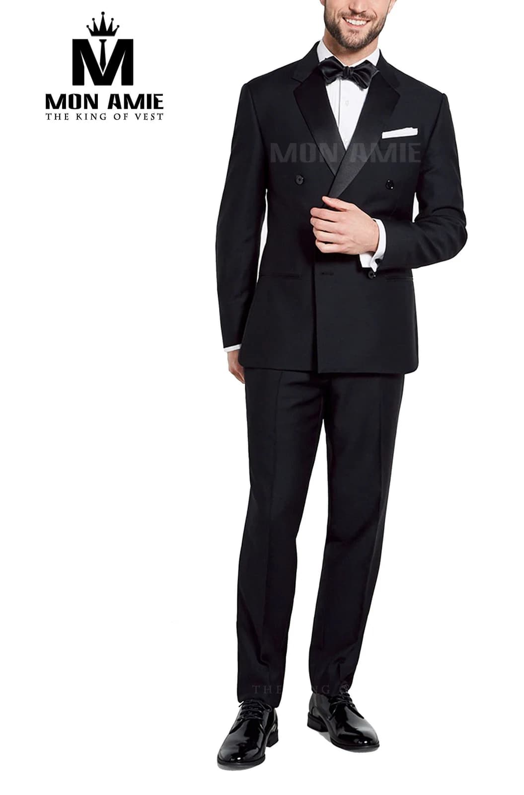 Tuxedo Đen Hai Hàng Nút Ve Đỉnh