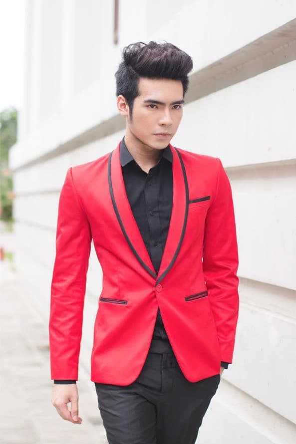Blazer Đỏ Ve Khăn Viền Đen