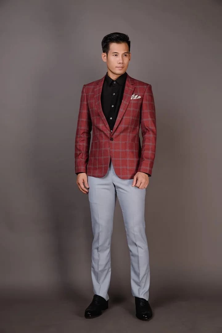 Blazer Đỏ Gạch Caro Ô Lớn Kẻ Trắng Xám
