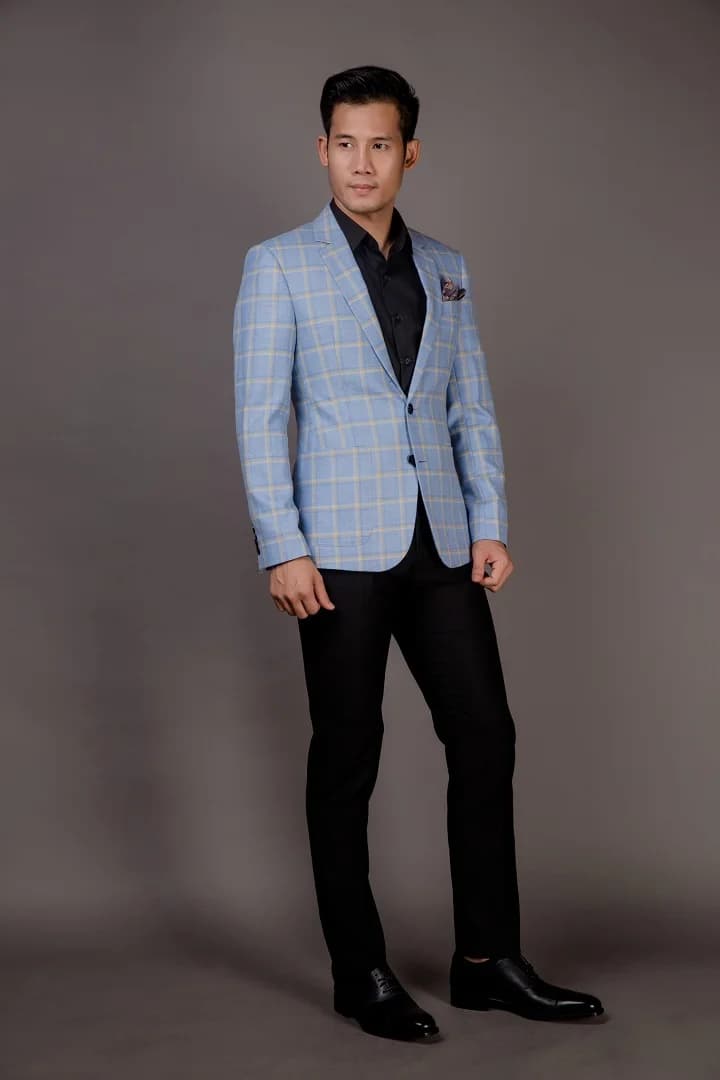 Blazer Xanh Da Trời Nhạt Caro Ô Lớn Kẻ Vàng Kem