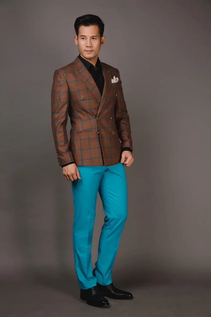 Blazer Nâu Đồng Caro Kẻ Xanh Ngọc Hai Hàng Khuy