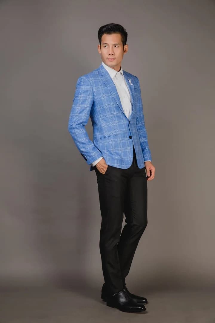 Blazer Xanh Dương Caro Ô Lớn Kẻ Trắng 2 Khuy