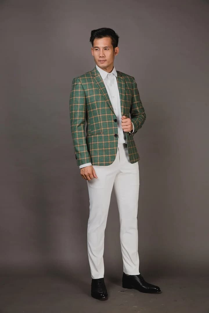 Blazer Xanh Lá Caro Ô Lớn Kẻ Cam