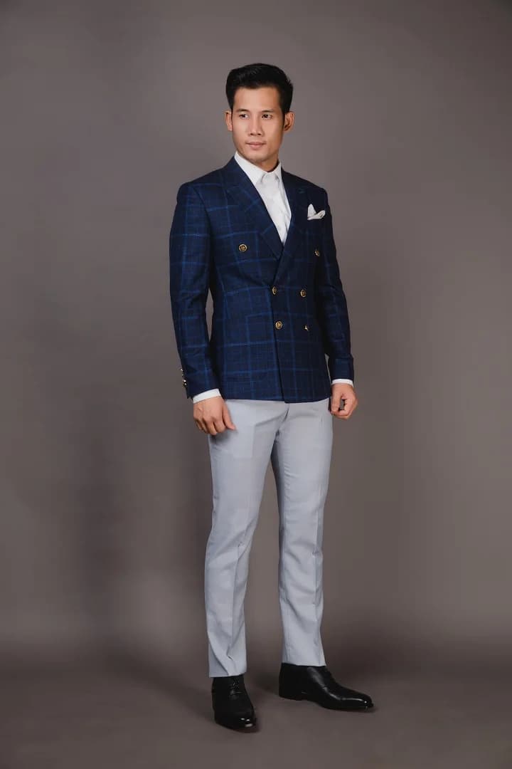 Blazer Navy Caro Xanh Dương, Cài Kép Khuy Vàng