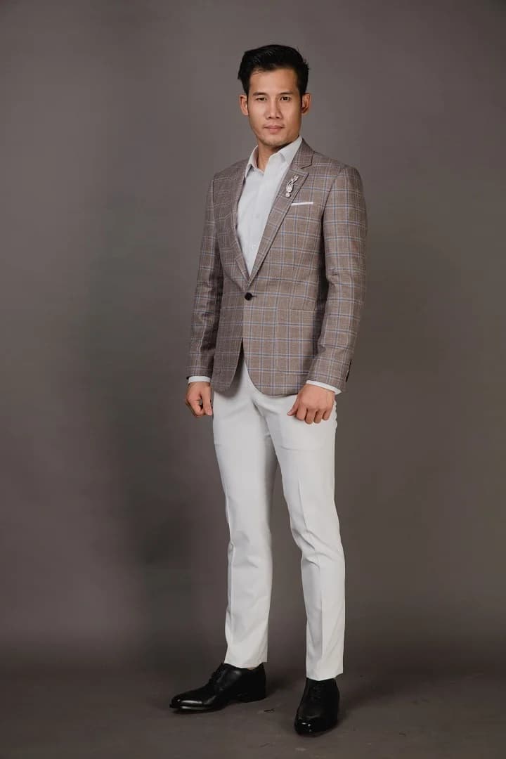Blazer Taupe Caro Kẻ Xanh Nhạt, Ve Peak Hẹp