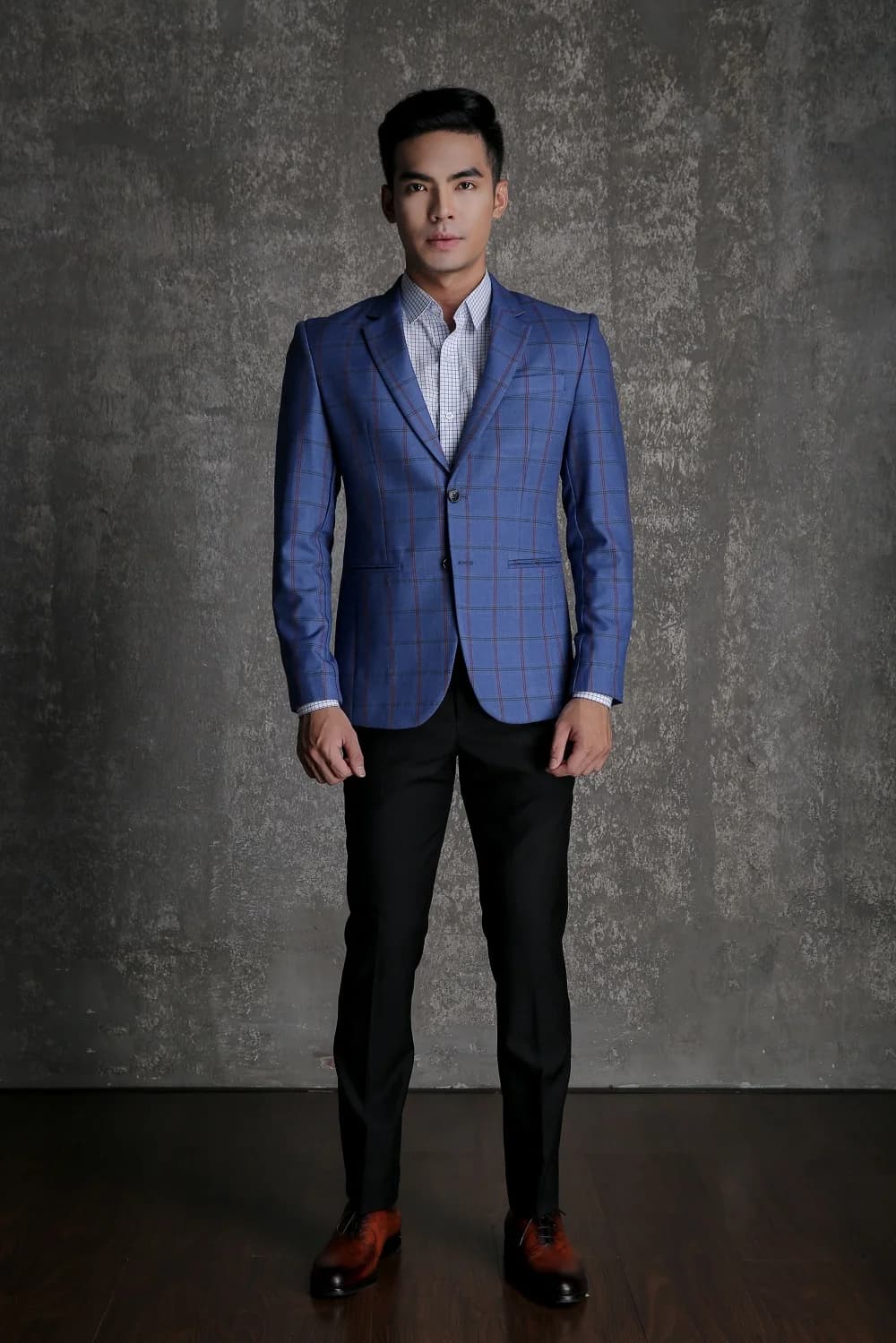 Blazer Xanh Cobalt Caro Ô Lớn Kẻ Tím Đen