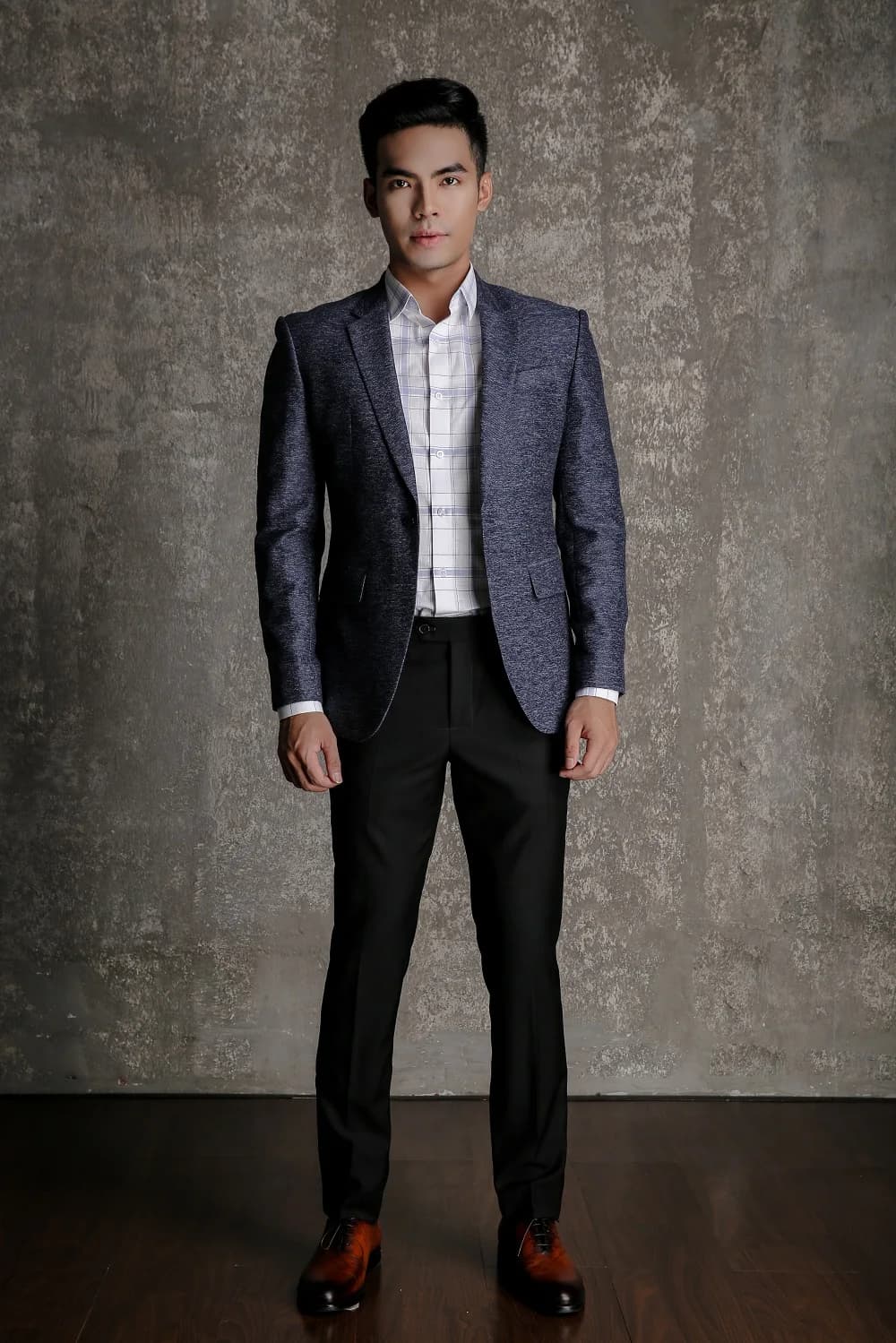 Blazer Xanh Navy Melange Một Khuy Túi Nắp