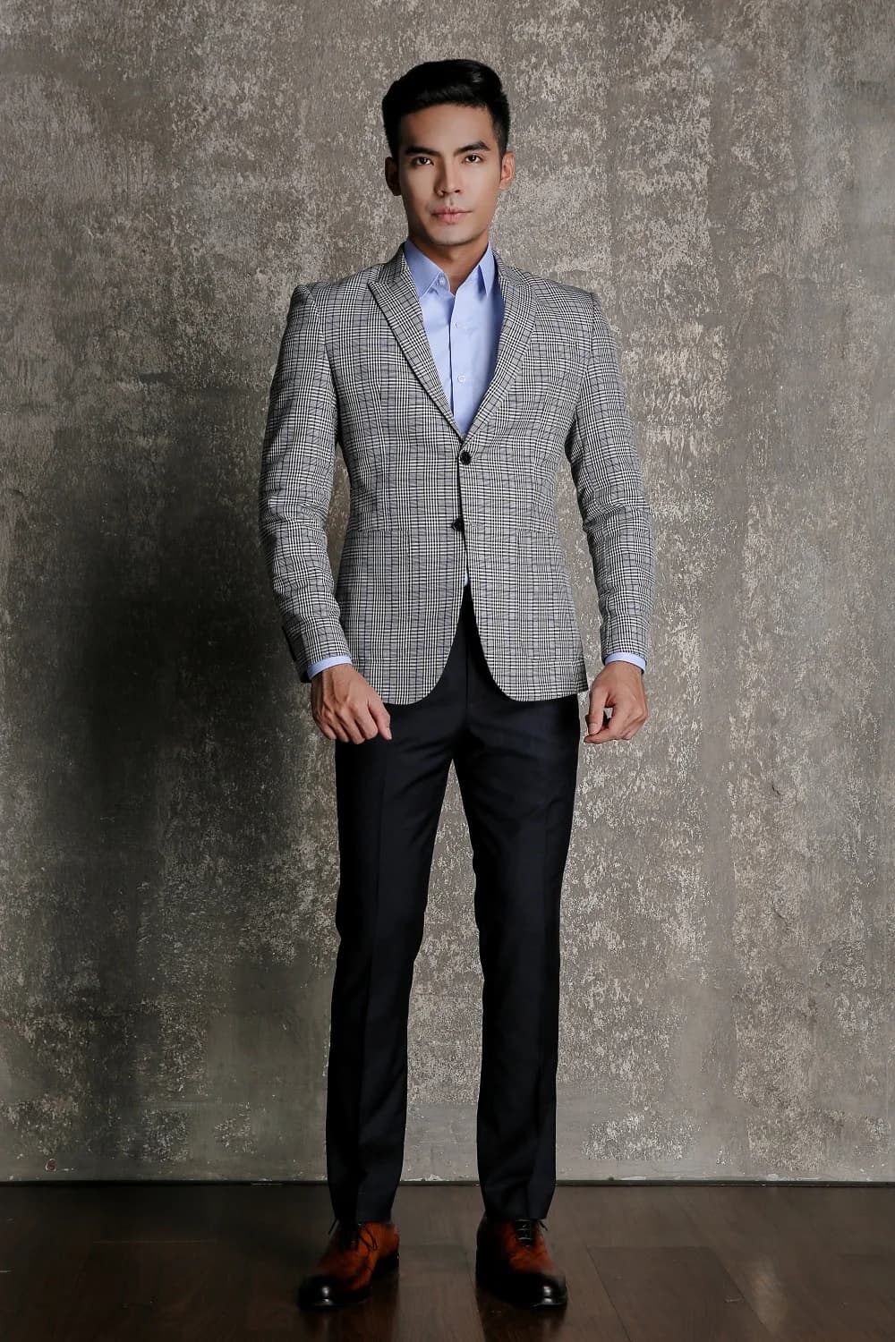 Blazer Xám Glen Check Đen Trắng Xanh Nhạt