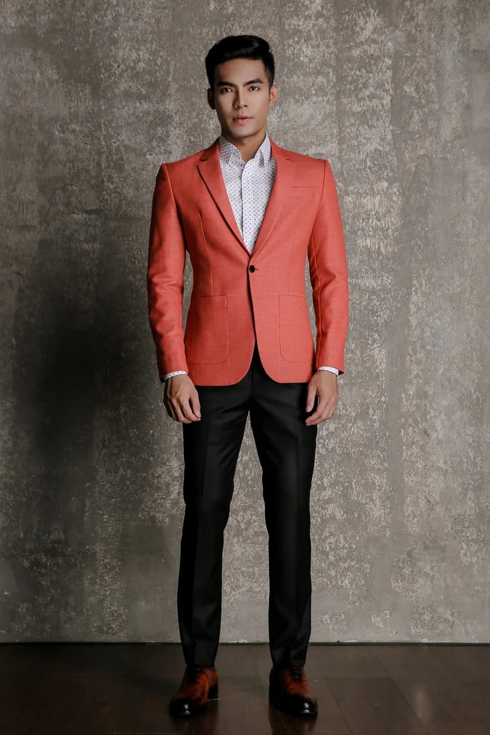 Blazer Cam San Hô Dệt Nổi Vân Hai Túi Đắp