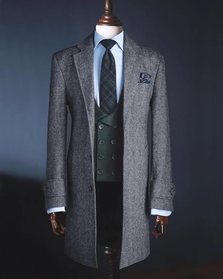 Áo Măng Tô Tweed Xương Cá Xám Tay Có Đai