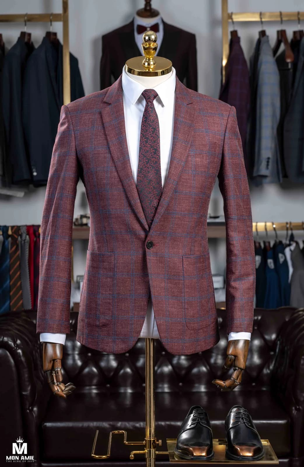 Blazer Một Nút Đỏ Đô Kẻ Ô Xanh Dương Túi Ốp